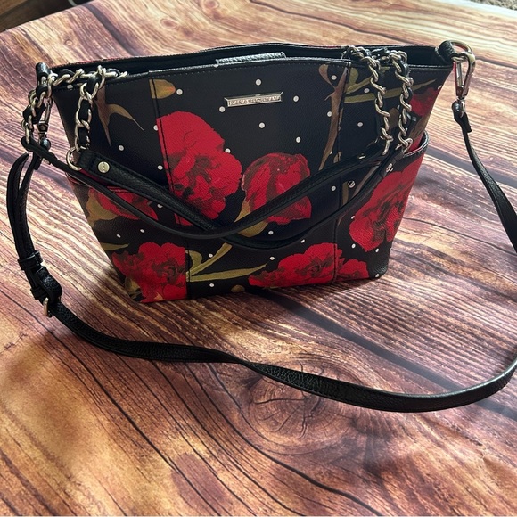 Dana Buchman Black and Red Floral Leather Purse - Picture 1 of 7